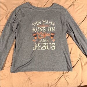 Gray Long Sleeve Tee with Coffee and Jesus Print